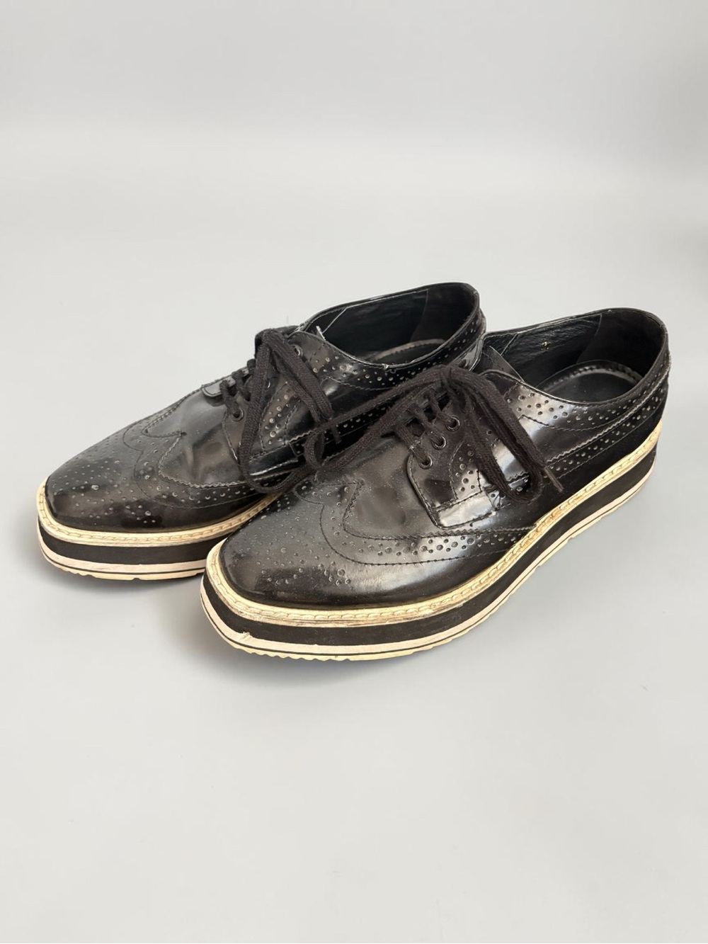 Prada Women’s Black Patent Leather Wingtip Platform Oxfords Sz 37